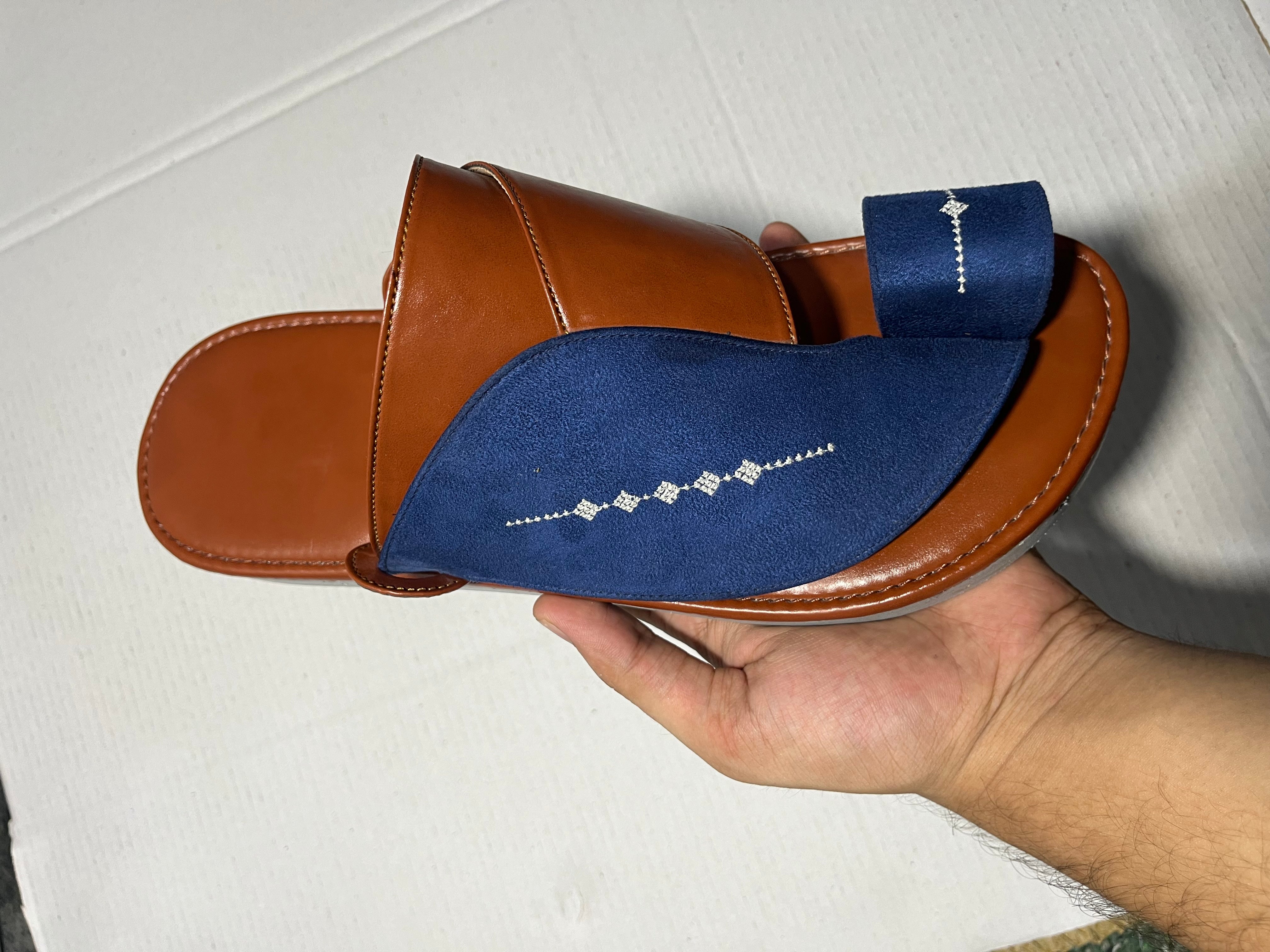 Arabic Khaliji Sandals in  brown and blue Color with iconic Embroidery