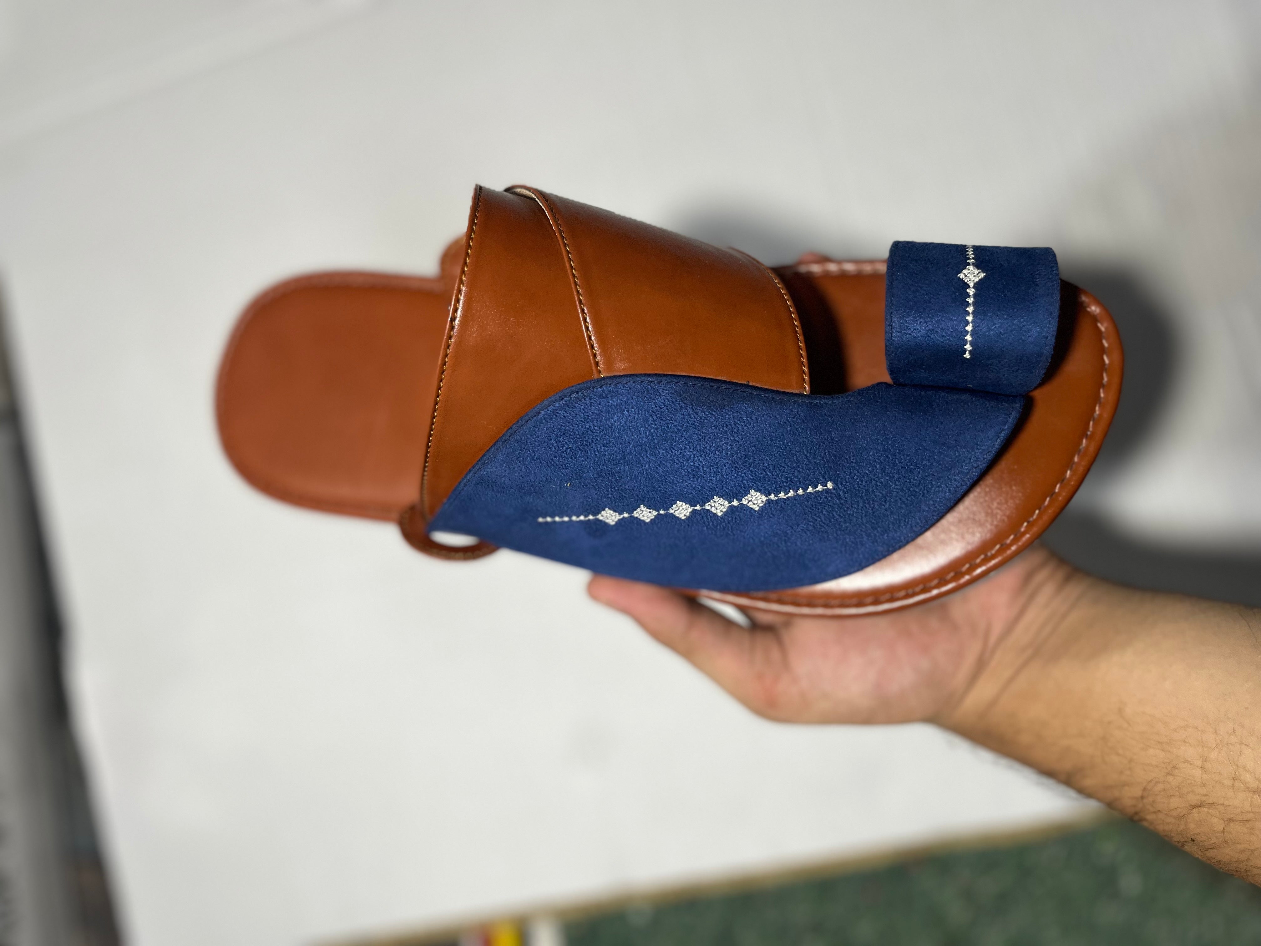 Arabic Khaliji Sandals in  brown and blue Color with iconic Embroidery